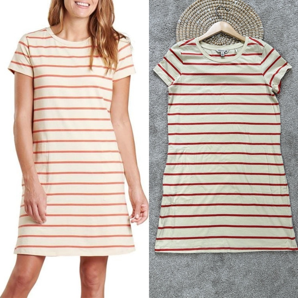 Toad&Co Organic Cotton Windmere II Short Sleeve Dress Striped Orange Cream S
